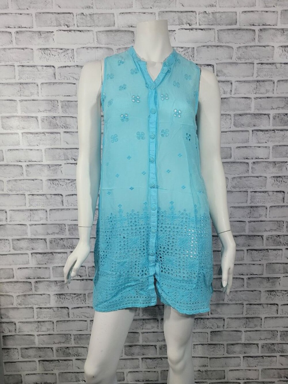 Johnny Was Aqua Coverup Dress Eyelet Detail Button Down Flowy Size Small